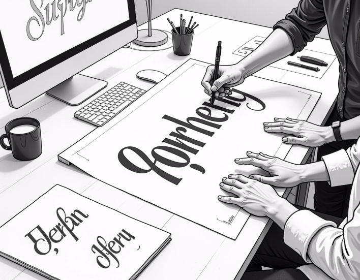 manos ajustando cuidadosamente las formas de las letras dibujadas en una mesa de dibujo