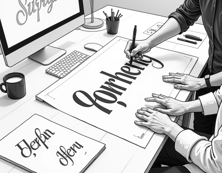 hands carefully adjusting drawn letterforms on a drawing board